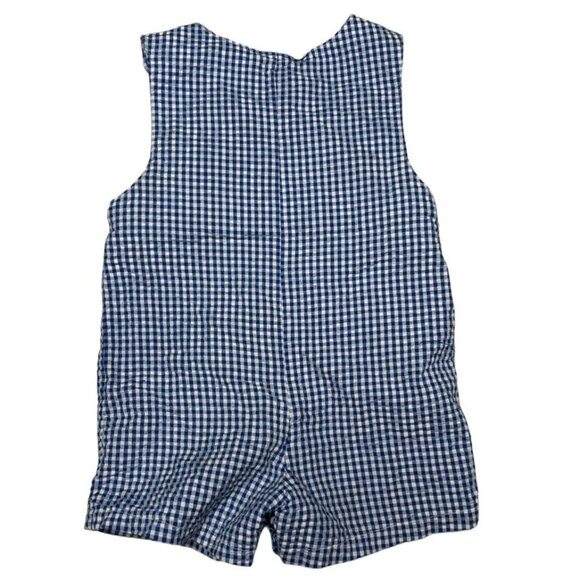 Baby Crew Jon Jon Romper Boys Blue Gingham Tortoise Hair Embroidered Size 18M - Picture 2 of 6